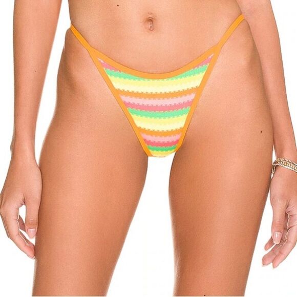 L*SPACE Tommy‎ Rainbow Stripe String Bikini Bottom Cheeky Orange Size Medium New - Picture 1 of 7
